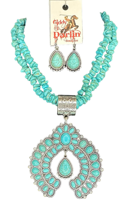 Turquoise Squash Blossom Small Stones Necklace with Earrings Set