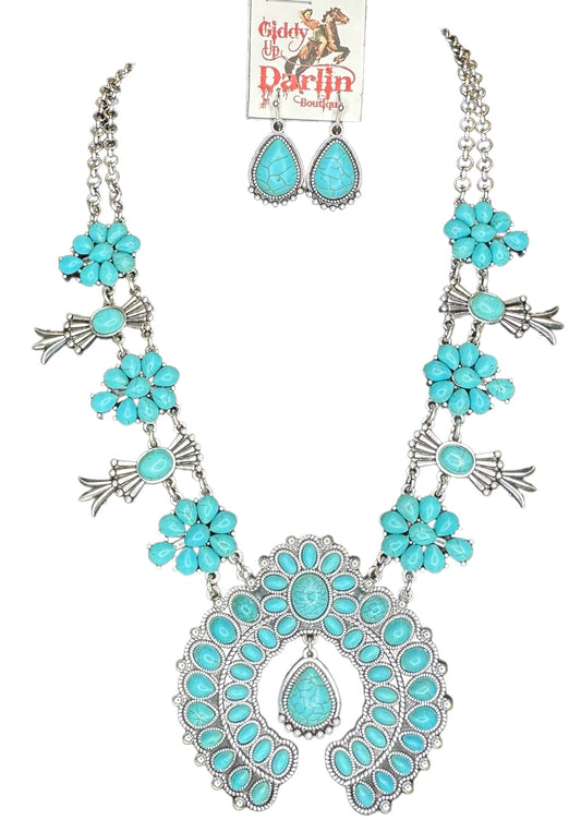 Silver and Turquoise Necklace and Earring Set