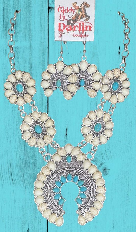 Silver, White and Turquoise Squash Blossom Necklace and Earring Set