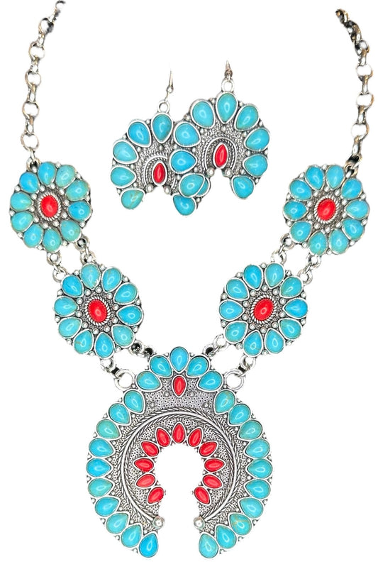 Silver Red and Turquoise Squash Blossom Necklace and Earrings Set