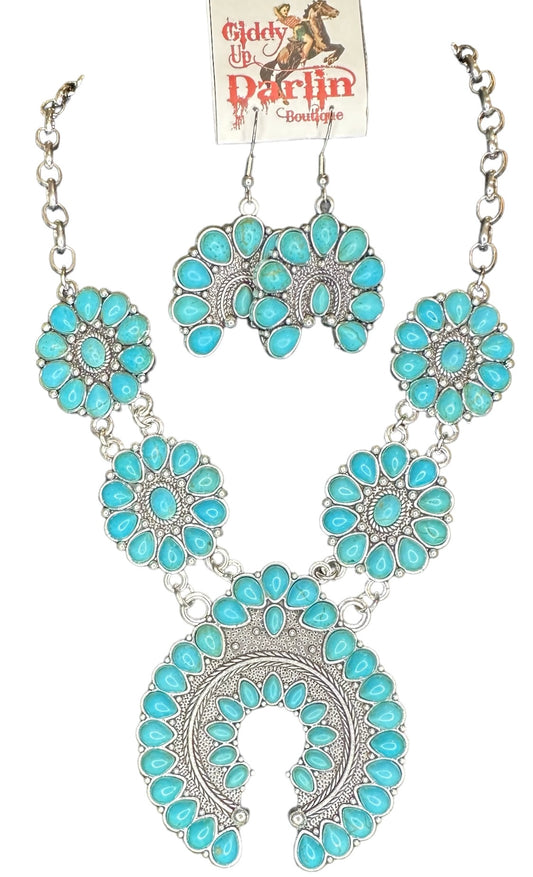 Silver Turquoise Squash Blossom Necklace Earring Set