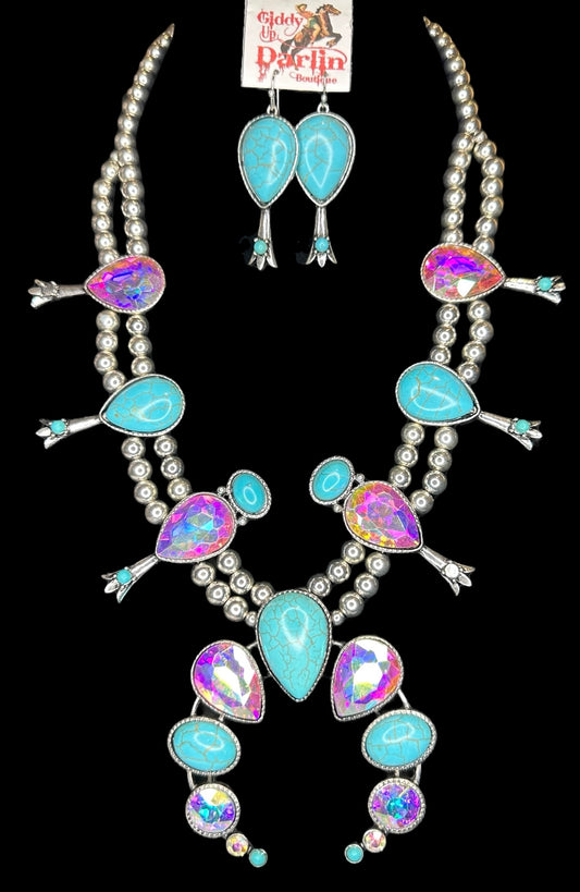 XL Silver Turquoise Iridescent Squash Blossom Necklace Earring Set