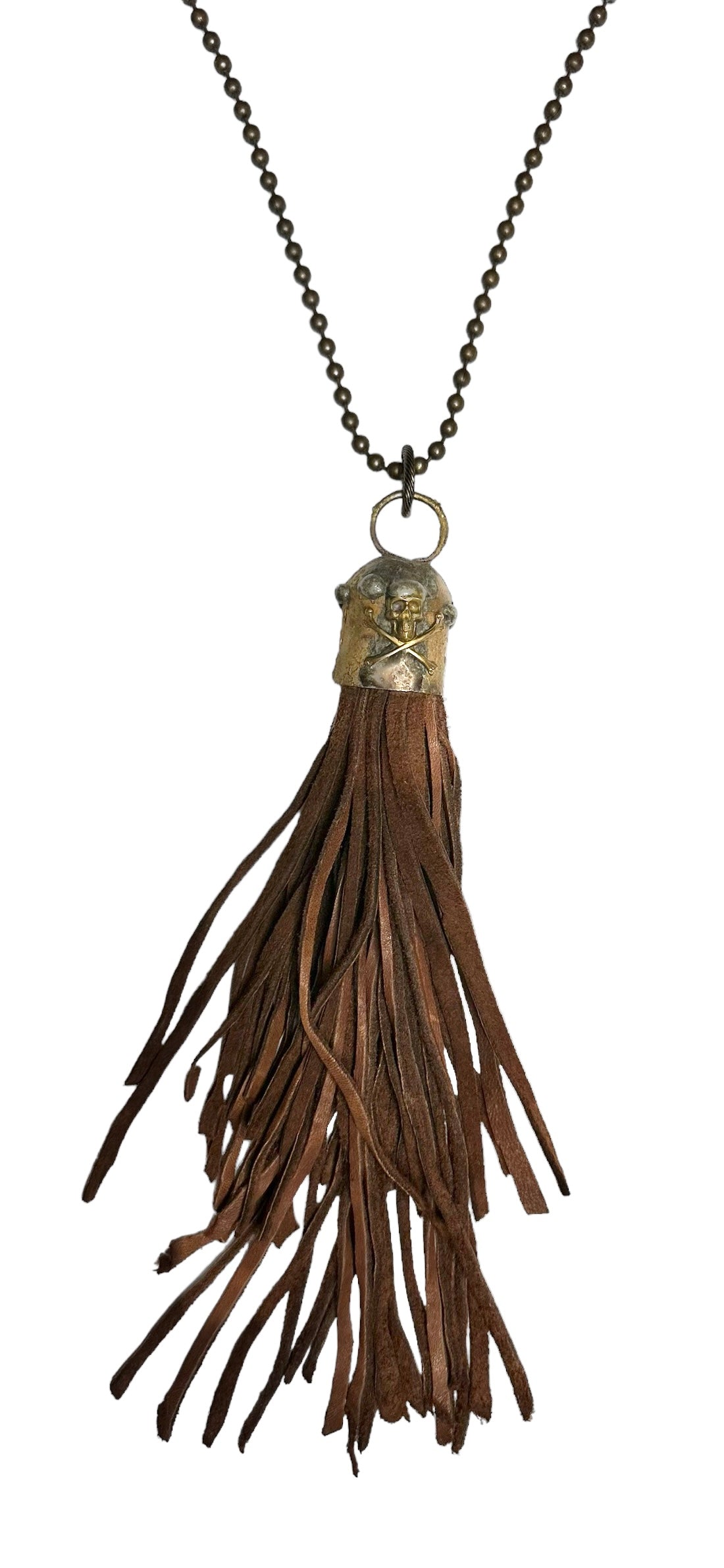 Art By Amy Leather Tassel Necklace with Skull and Cross Bones