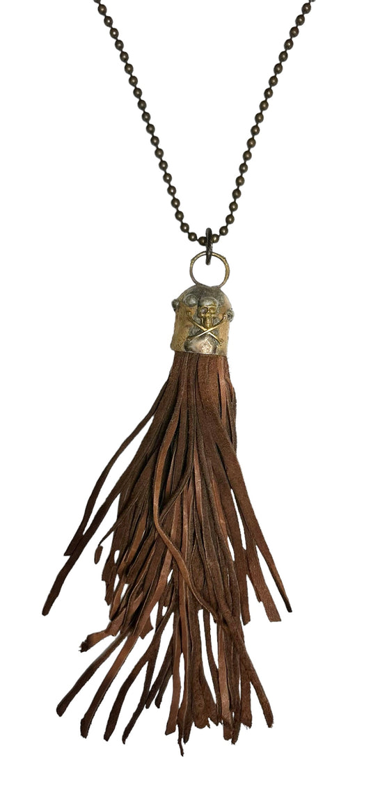 Art By Amy Leather Tassel Necklace with Skull and Cross Bones