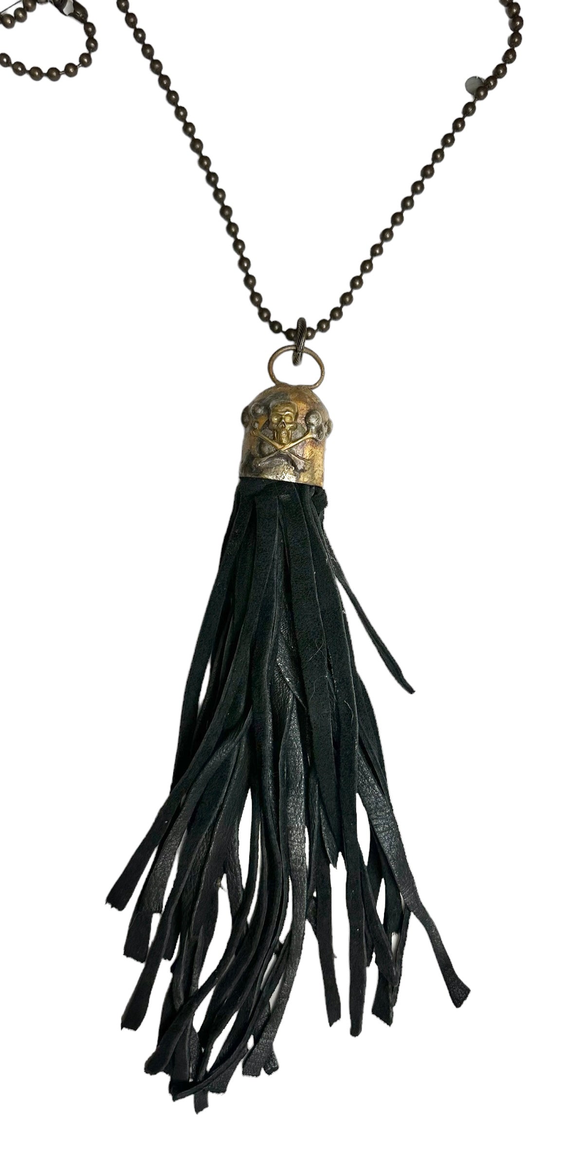 Art By Amy Leather Tassel Necklace with Skull and Cross Bones