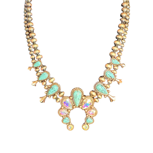 Turquoise and Iridescent Squash Blossom Necklace