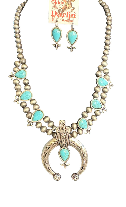 Large Silver Squash Blossom with Turquoise Accents Necklace and Earring Set