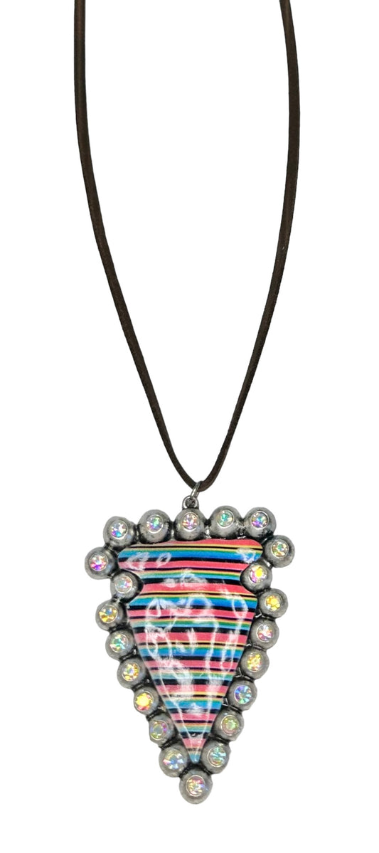 Striped Arrow Head with Iridescent Rhinestones on Leather Cord Necklace