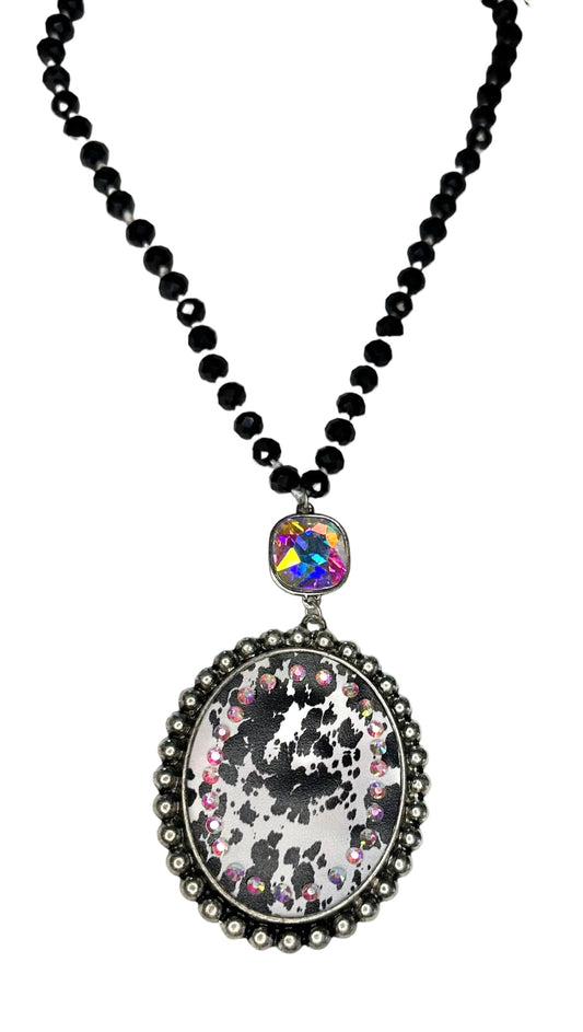 Cowhide Circle with Iridescent  Rhinestones with Crystal Bead Necklace