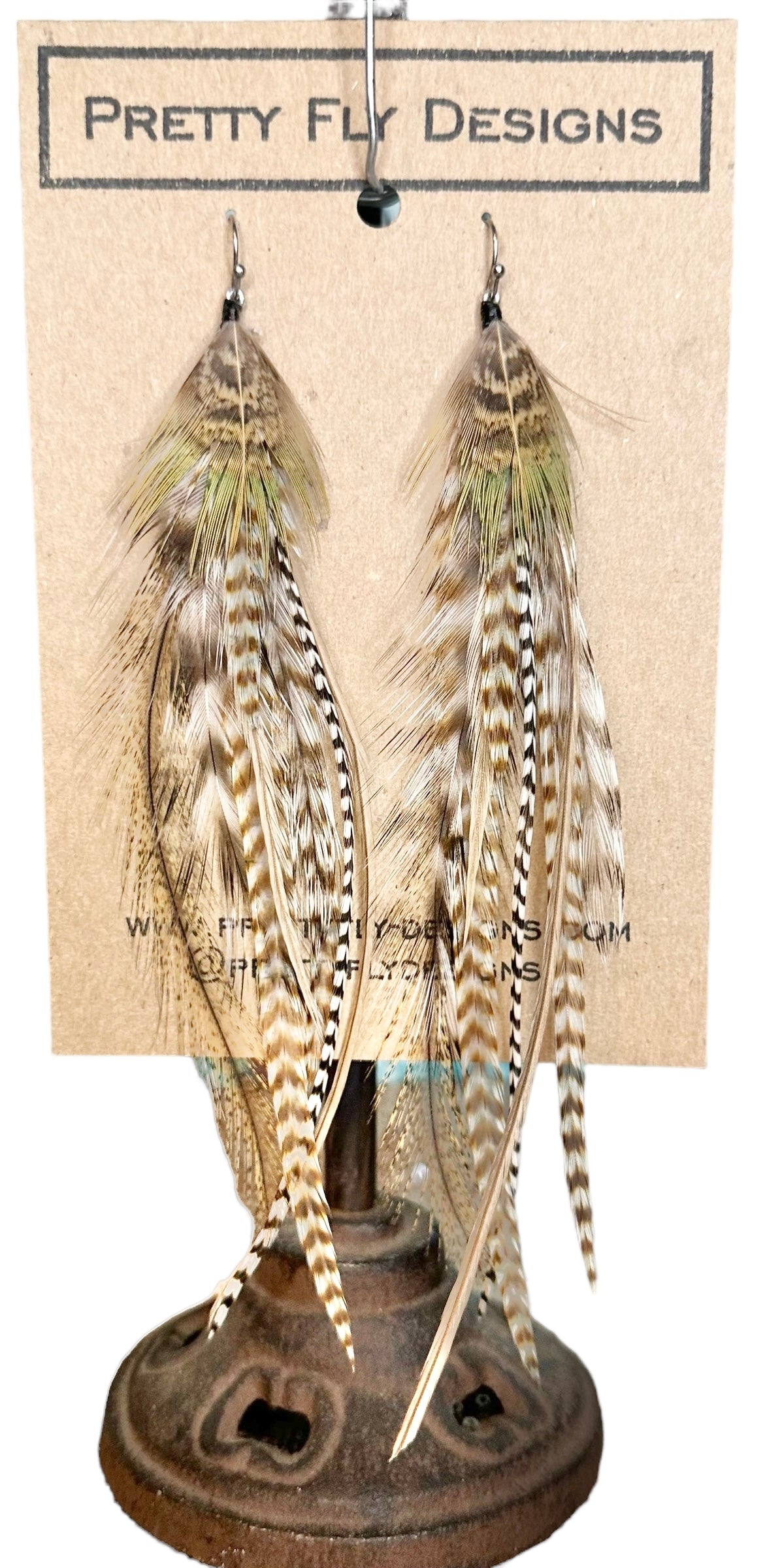 Light Brown and Green Feather Earrings