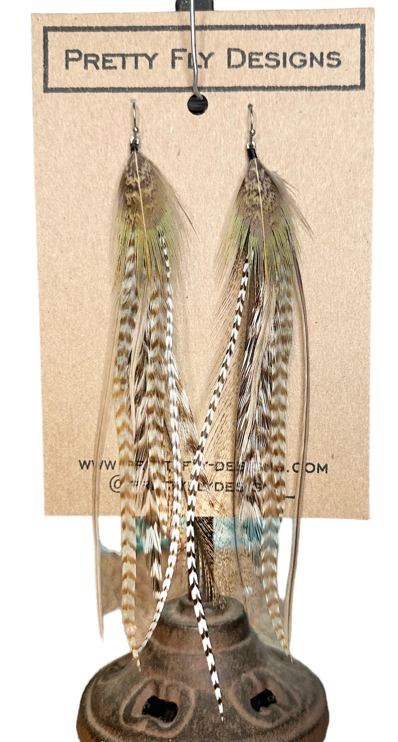 Light Brown with Black and White Feather Earrings