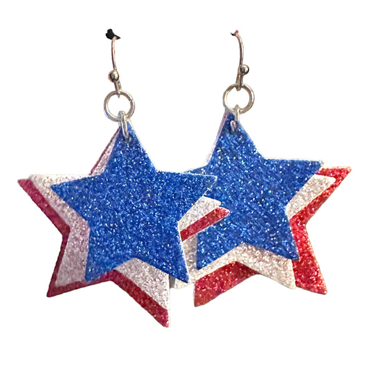 Glitter Red White and Blue Stacked Star Hook Earrings