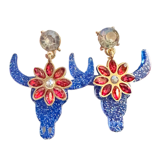 Blue Skull Red Flower Stud Earrings