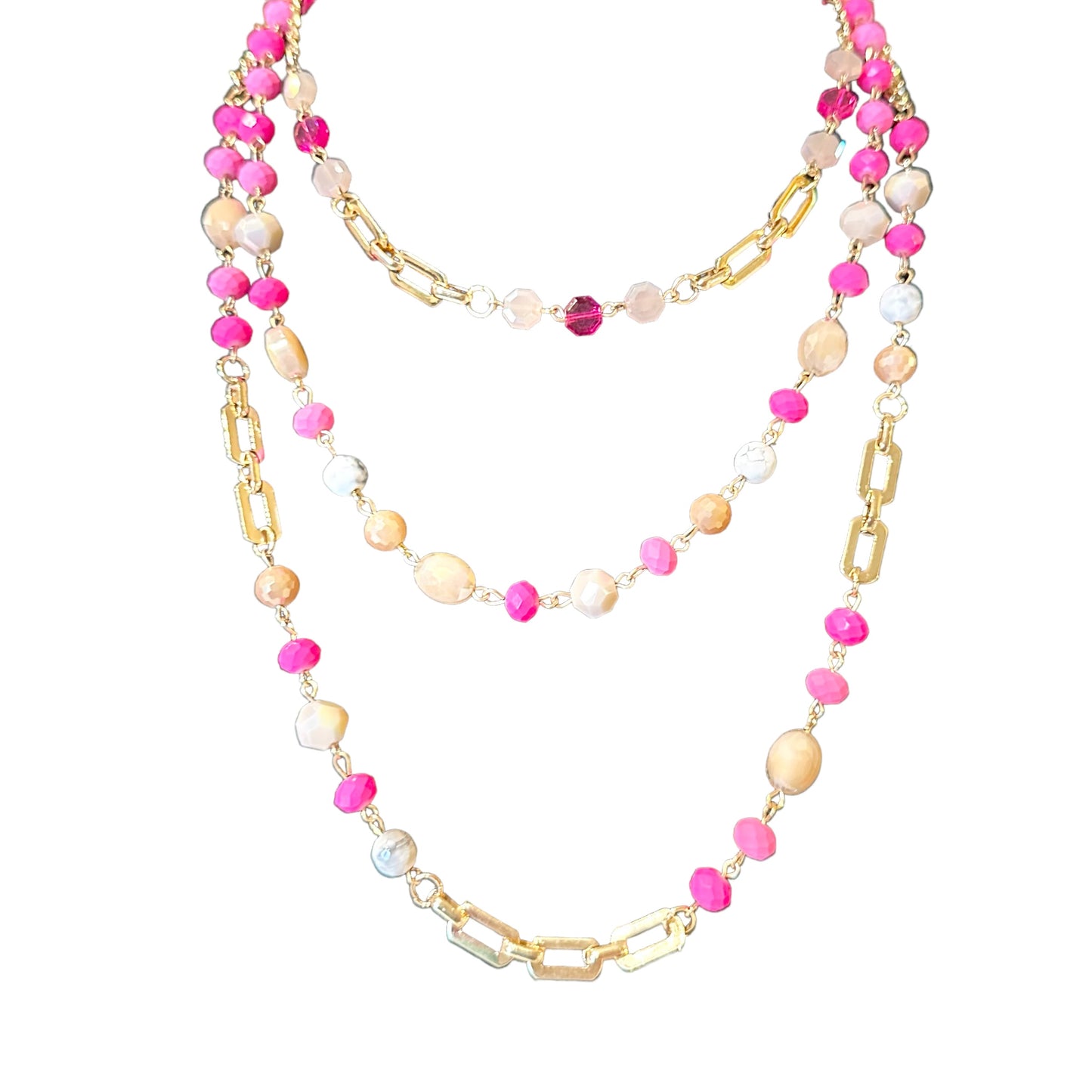 Three Stand Hot Pink with Gold Accent Beaded Necklace