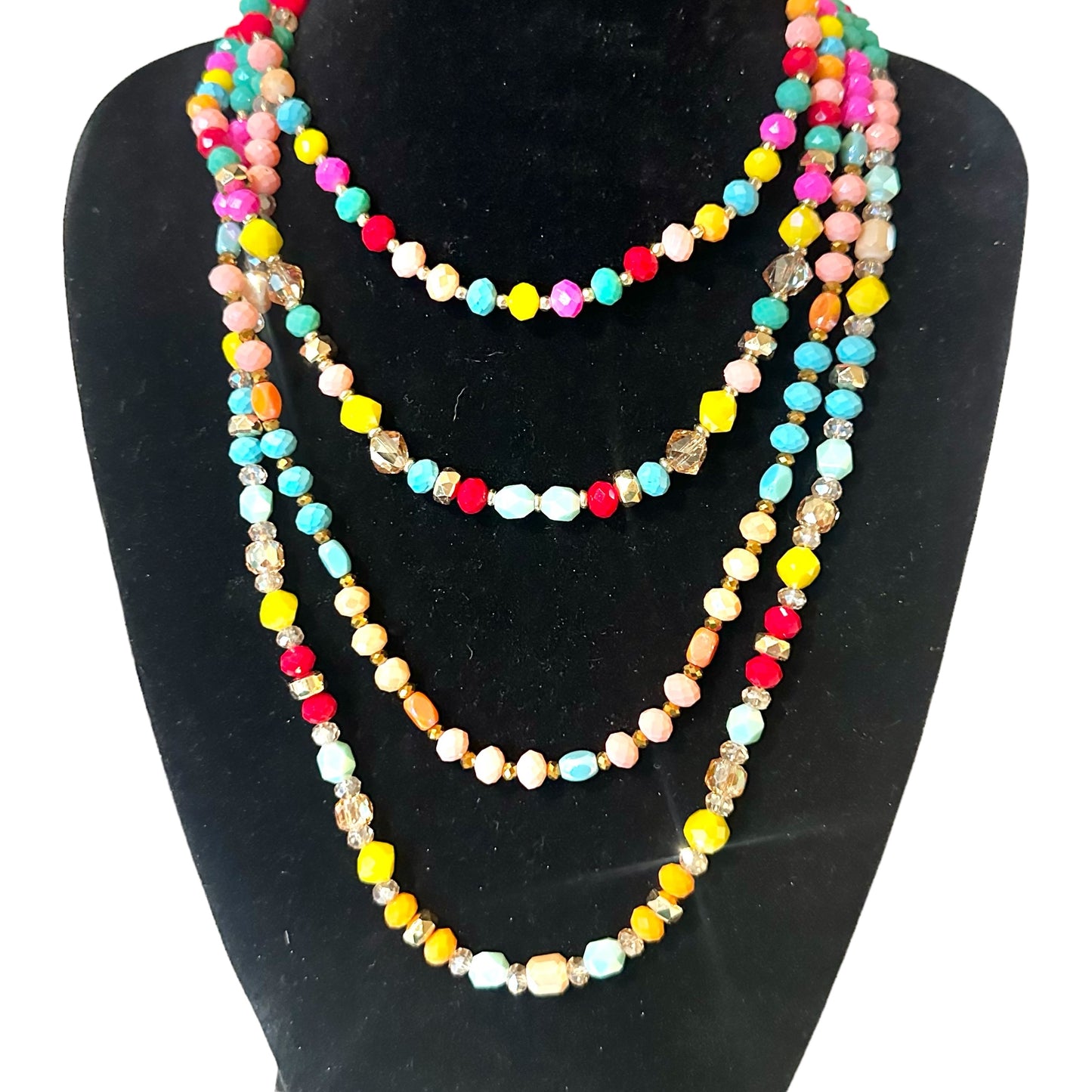 Four Stand Multi Color with Gold Accent Beaded Necklace