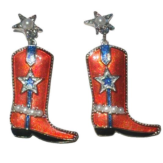 Red 4th of July Cowboy Boot Stud Earrings with Pearl Star