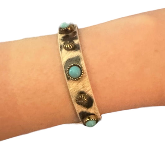 Cow Print Snap Bracelet with Turquoise and Brass Studs