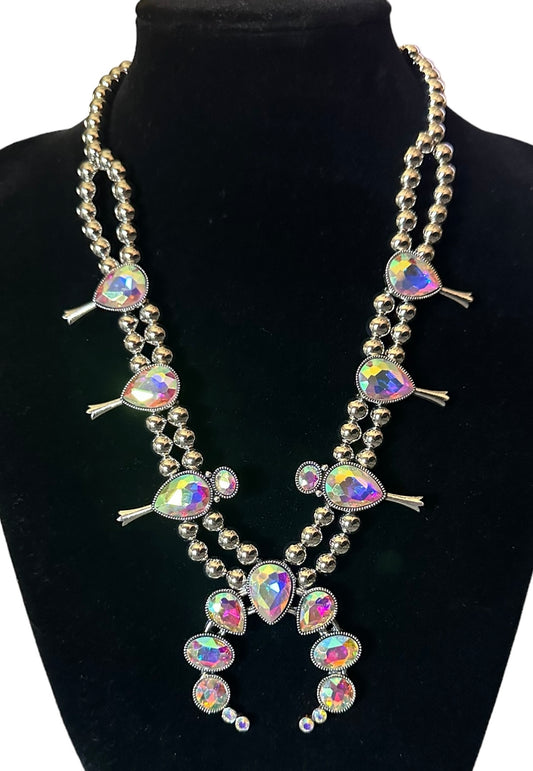 Large Silver and Iridescent Squash Blossom Necklace