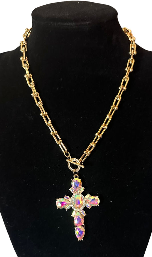 Gold Chain Cross Necklace with Iridescent Stones