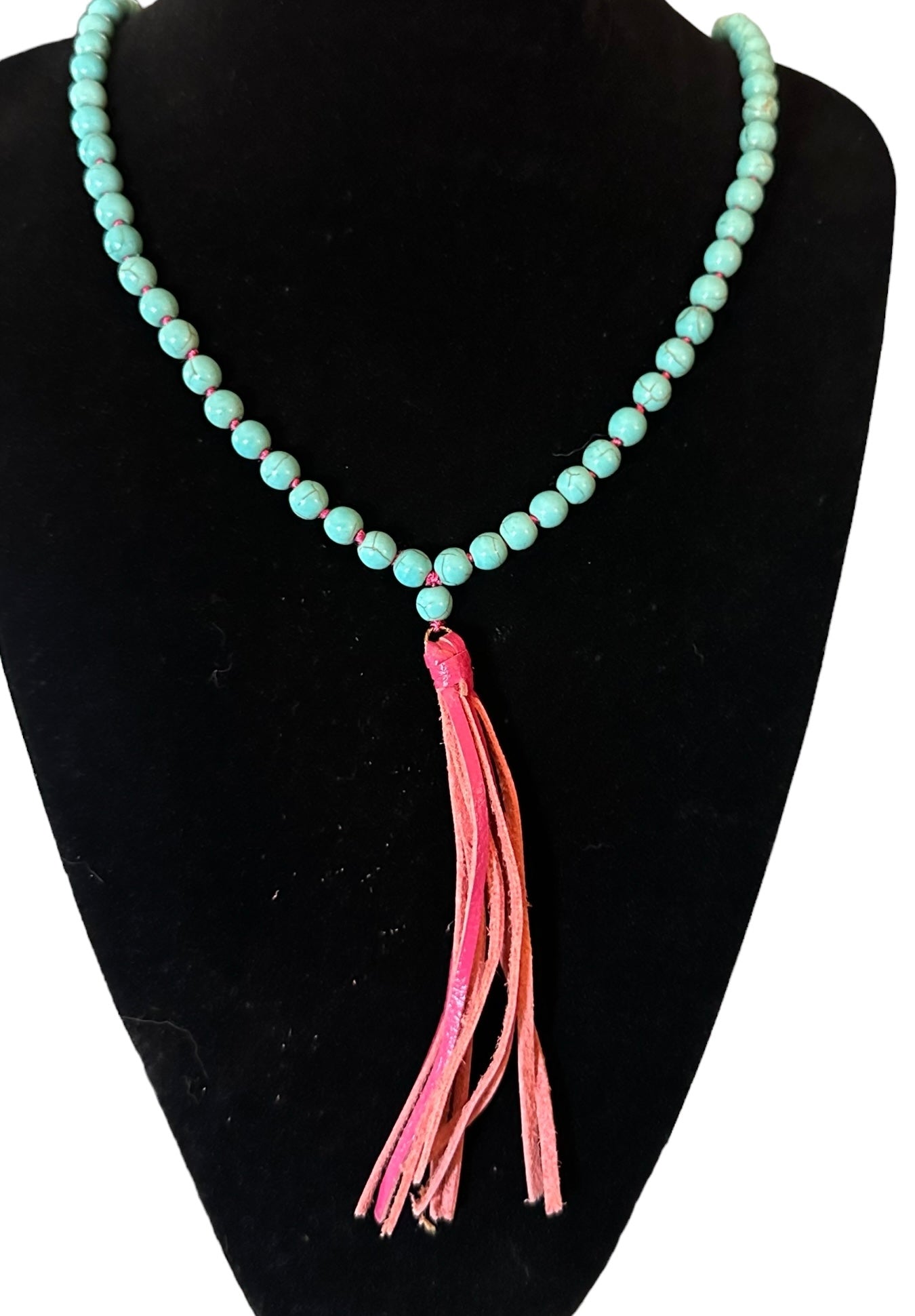 Long Turquoise Bead Necklace with Pink Leather Tassel