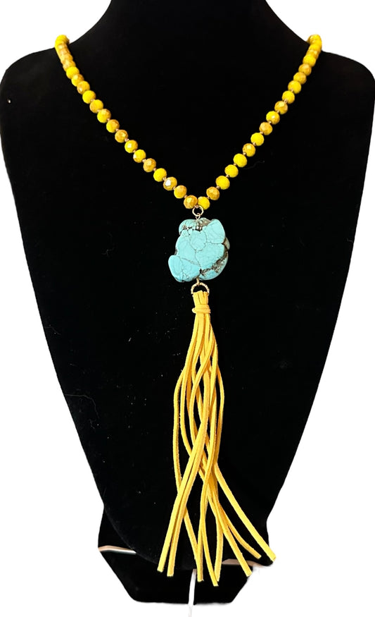 Yellow Crystal Beads with Turquoise Stone and Leather Tassels