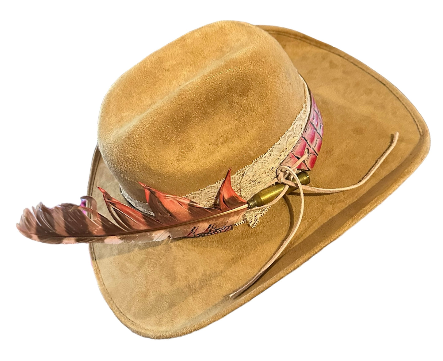 Pink Alligator Band Tan Cowboy Hat