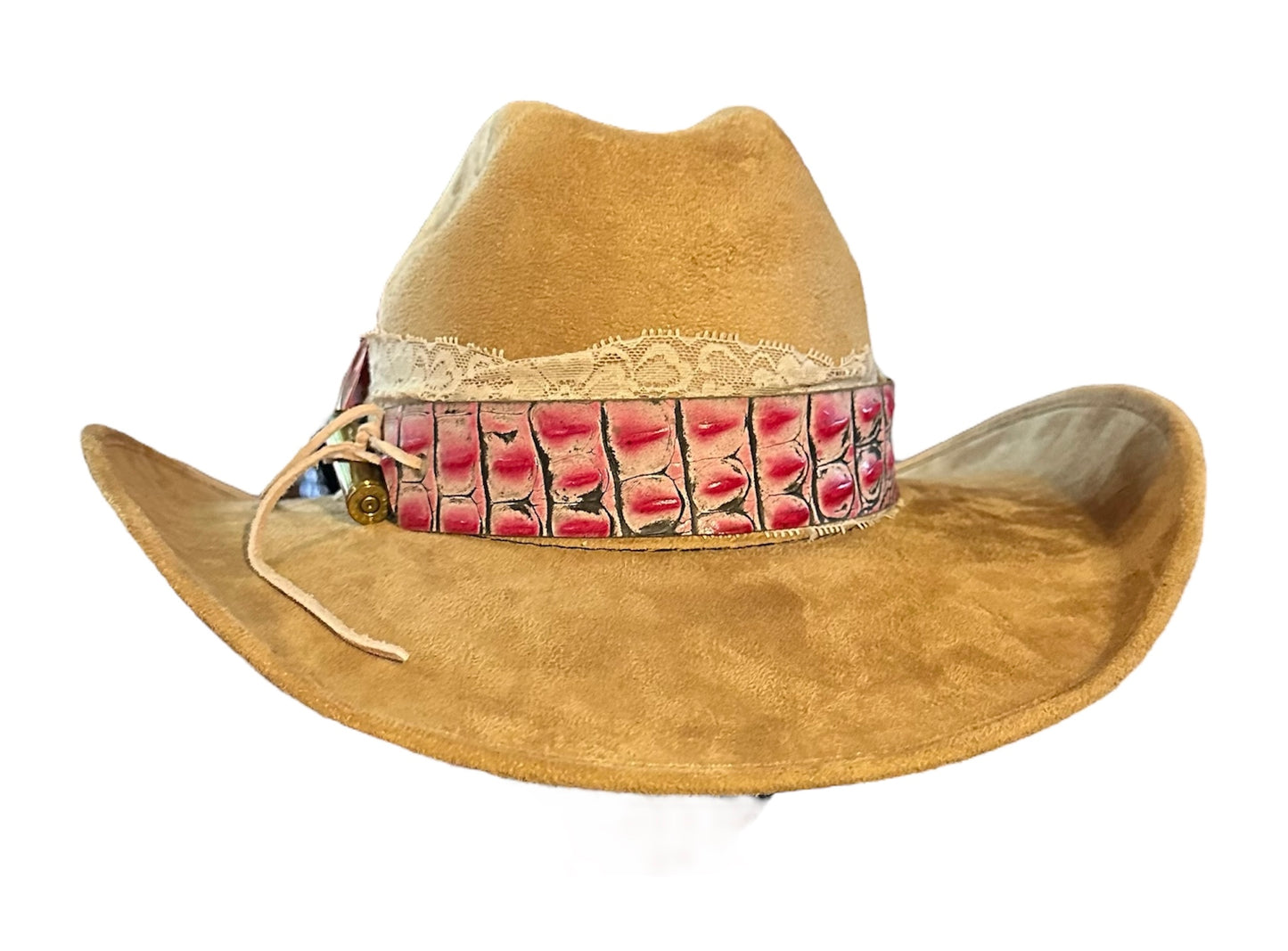 Pink Alligator Band Tan Cowboy Hat