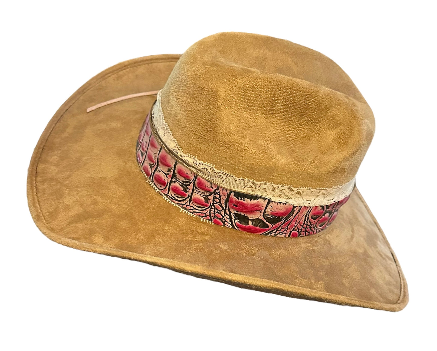 Pink Alligator Band Tan Cowboy Hat