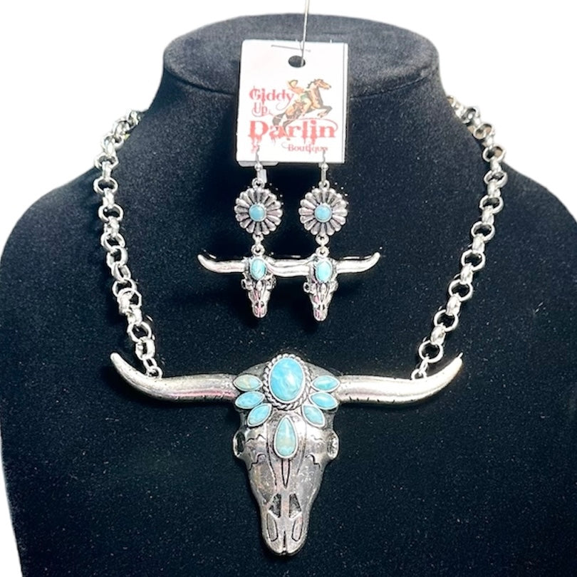 Silver Skull Turquoise Necklace and Earring Set