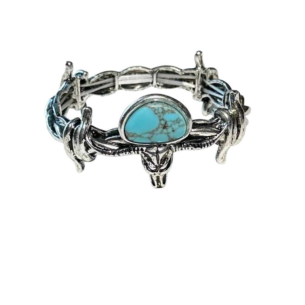 Silver Barbwire Skull Turquoise Stone Elastic Bracelet