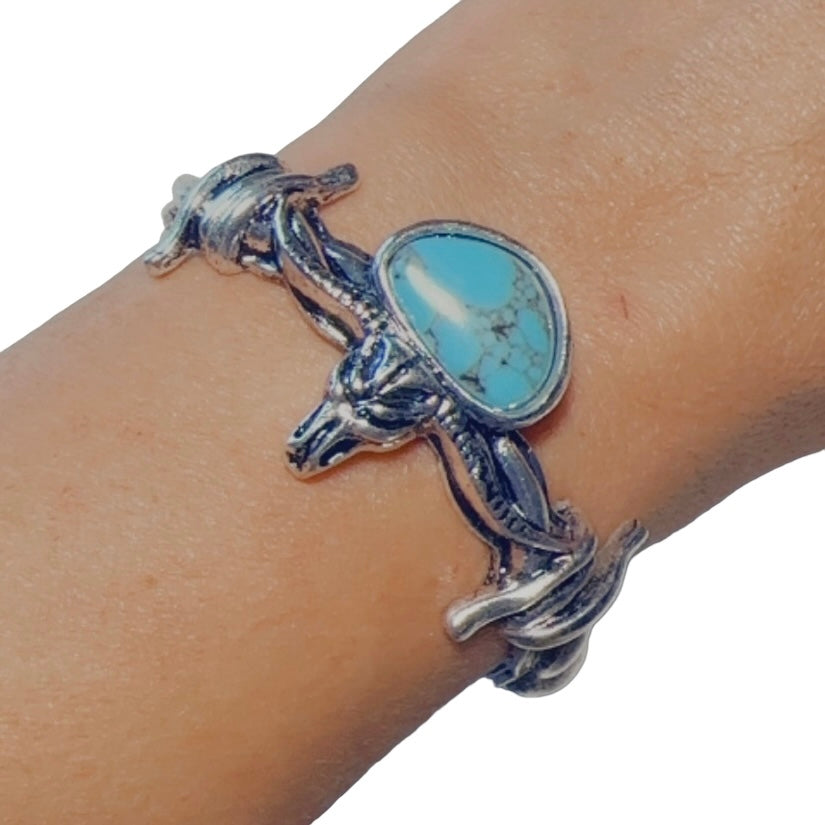 Silver Barbwire Skull Turquoise Stone Elastic Bracelet