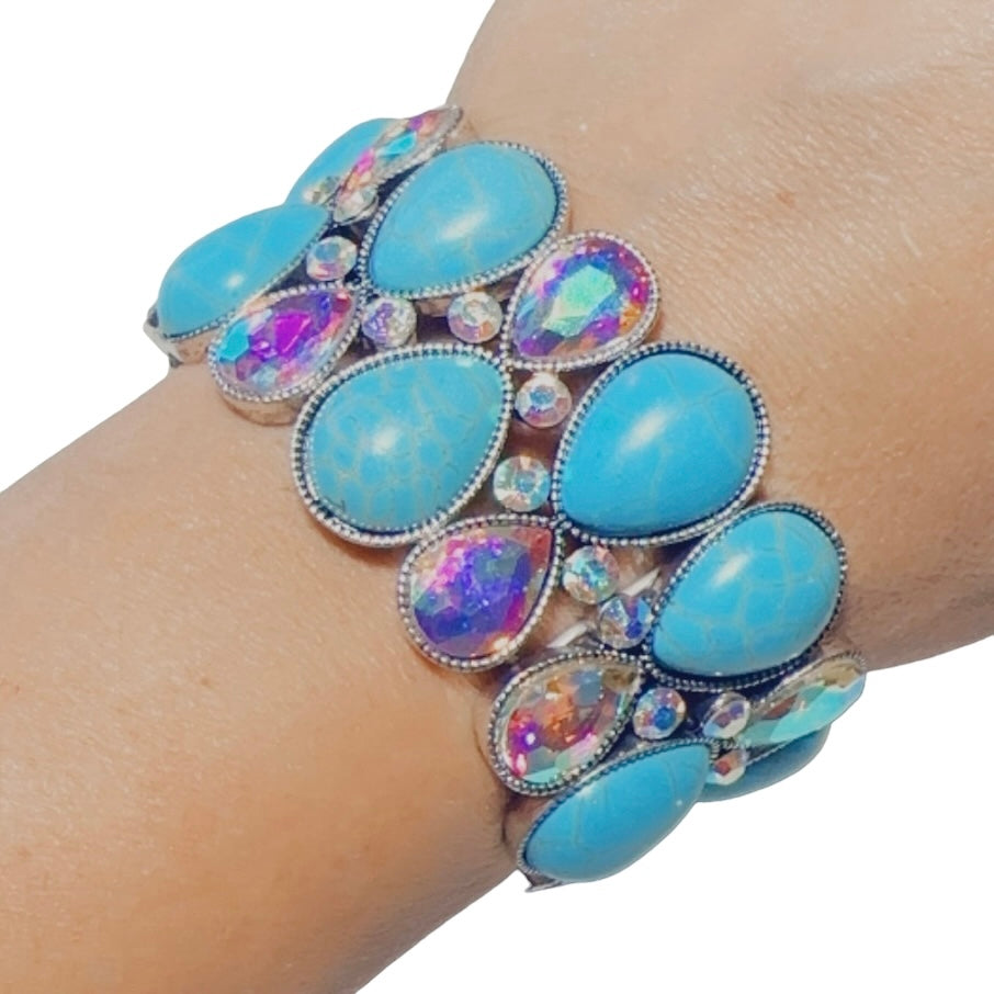 Tear Drop Lg Turquoise Iridescent Stone Elastic Bracelet