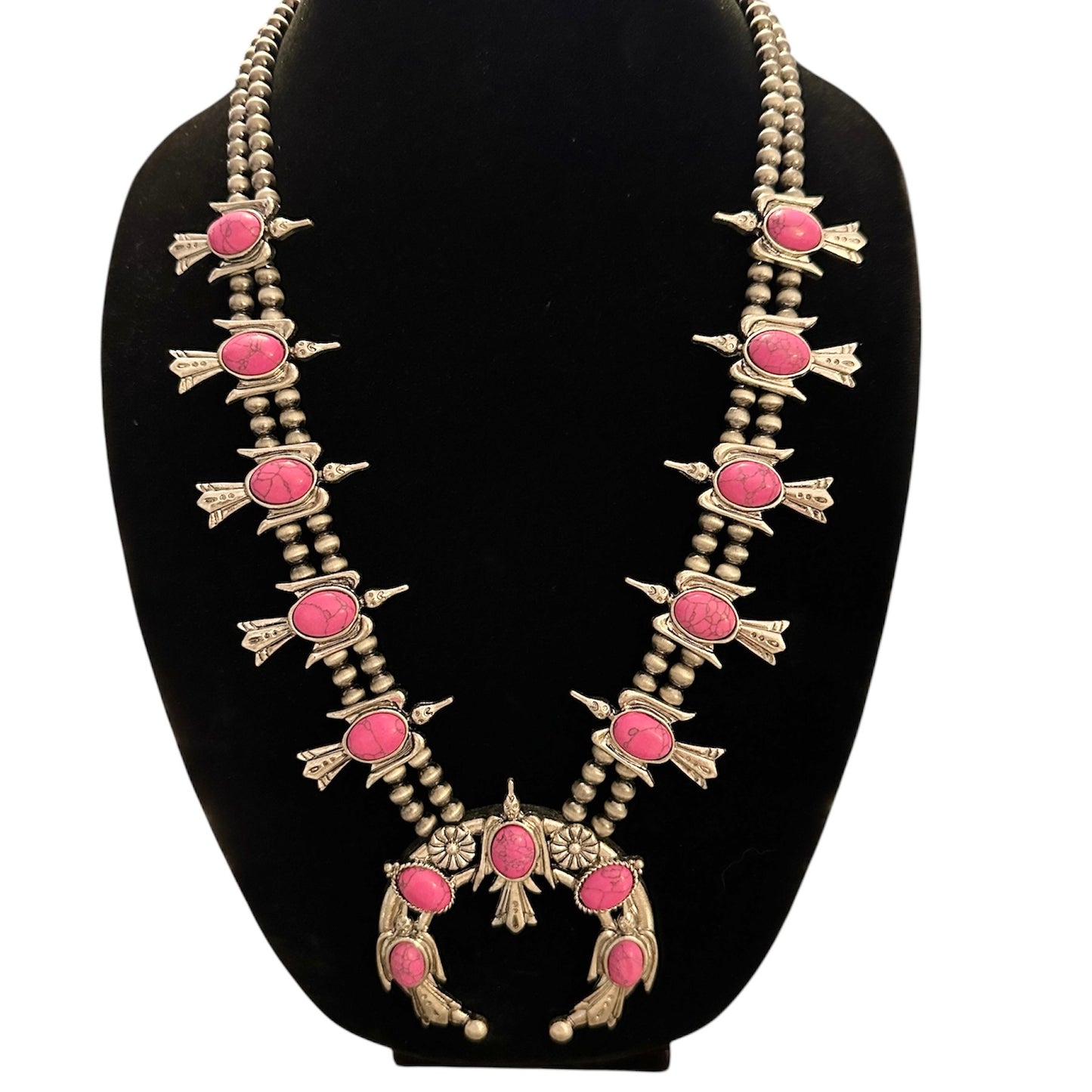 Hot Pink Bird Squash Blossom Necklace Set