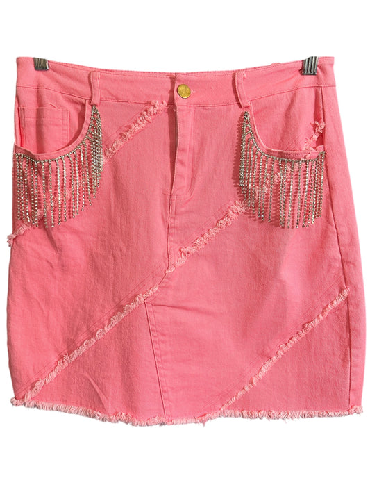Pink Rhinestone Fringe Denim Skirt