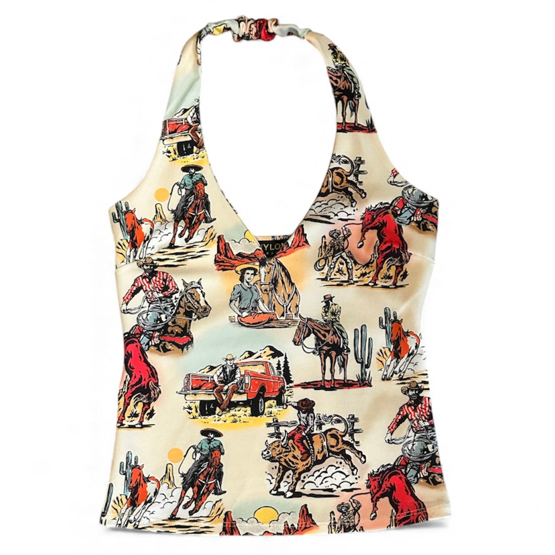 Western Print V Neck Halter Top (Cream)