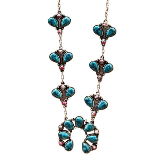 Turquoise and Pink Squash Blossom Necklace
