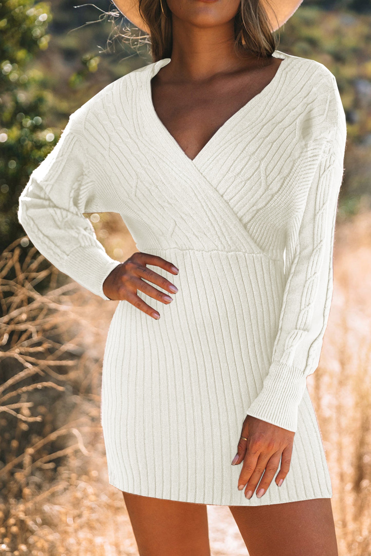 Cable-Knit Surplice Lantern Sleeve Sweater Dress