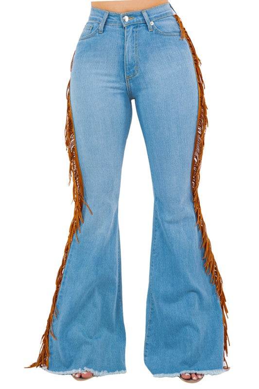 Fringe Bell Bottom In Light Blue - Inseam 34"