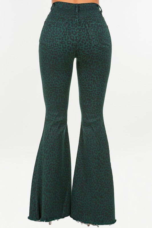 Leopard Bell Bottom Jean in Green- Inseam 32